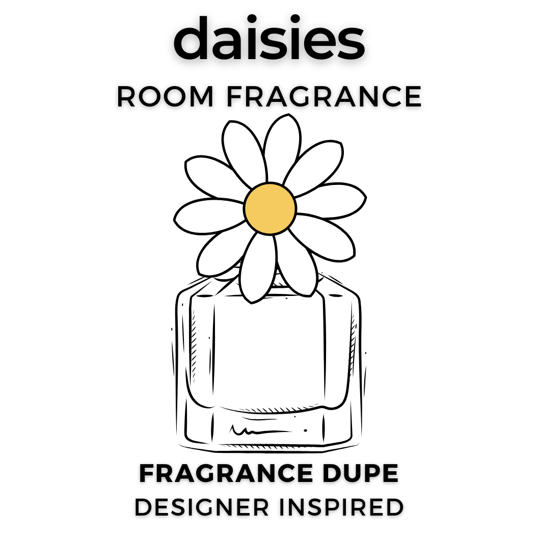 Advertisement for Square One Scents daisies room fragrance with a drawing of a daisy and a perfume bottle.