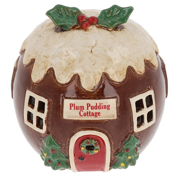 Christmas Plum Pudding Cottage Tealight Holder - Village Pottery