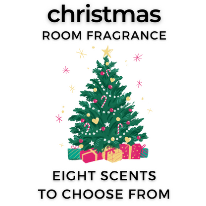 Christmas-themed room fragrance advertisement with a decorated Christmas tree and presents on a white background.